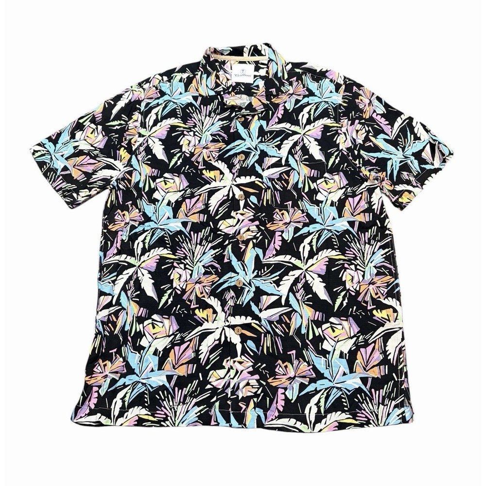 Caribbean Button Up Shirt Mens Large 100%‎ Rayon Black Resort Palm Tree NWT